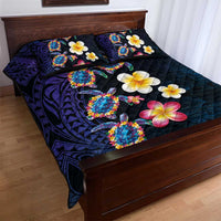 Hawaiian Turtles and Plumeria Quilt Bed Set Polynesian Art Tribal Tattoo Dark Aqua Color LT03 - Polynesian Pride