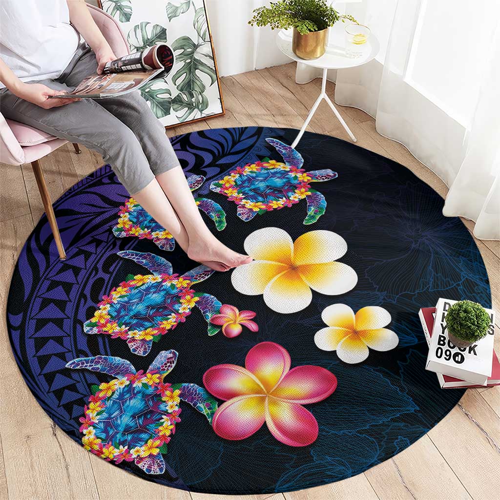 Hawaiian Turtles and Plumeria Round Carpet Polynesian Art Tribal Tattoo Dark Aqua Color LT03 - Polynesian Pride