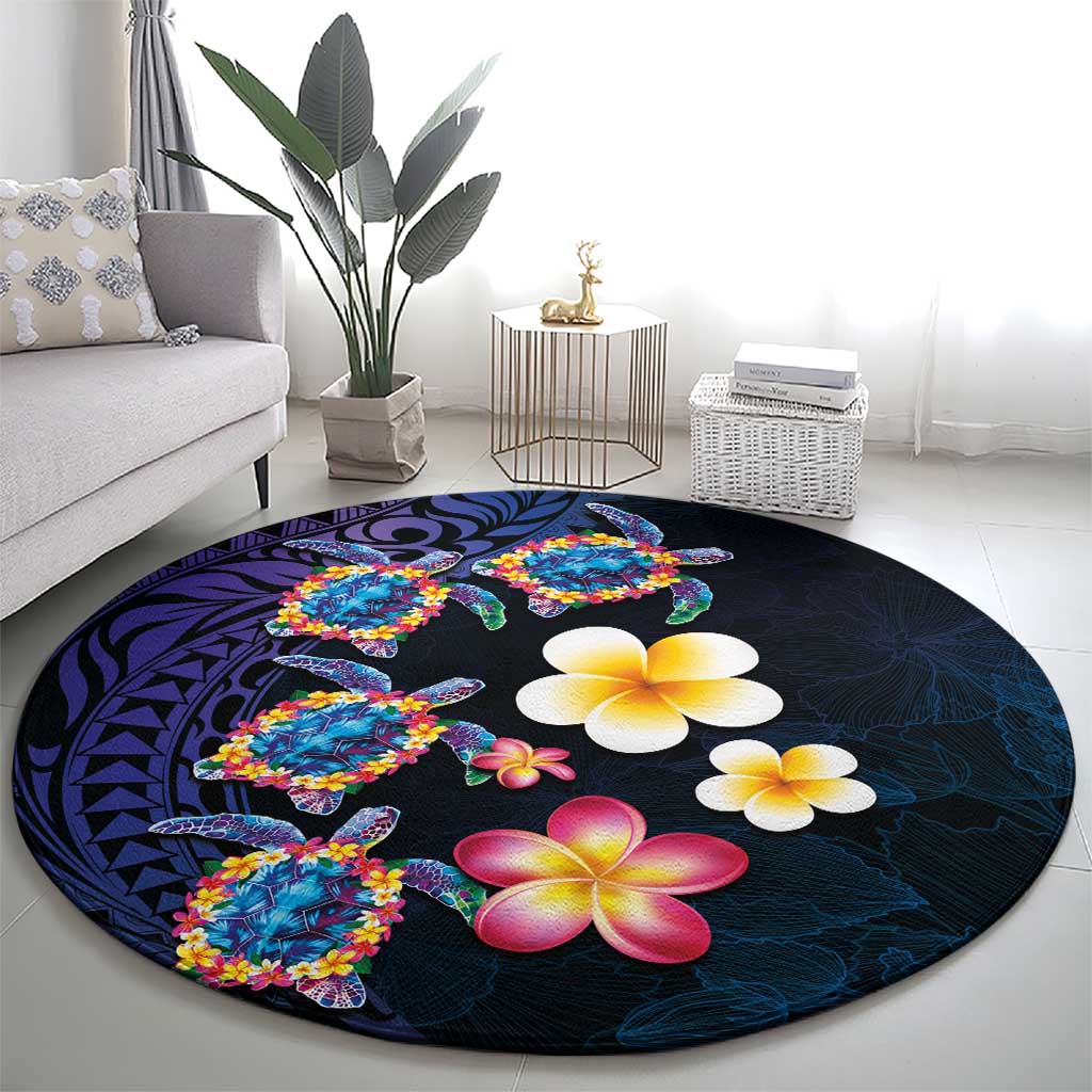 Hawaiian Turtles and Plumeria Round Carpet Polynesian Art Tribal Tattoo Dark Aqua Color LT03 - Polynesian Pride