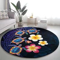 Hawaiian Turtles and Plumeria Round Carpet Polynesian Art Tribal Tattoo Dark Aqua Color LT03 - Polynesian Pride