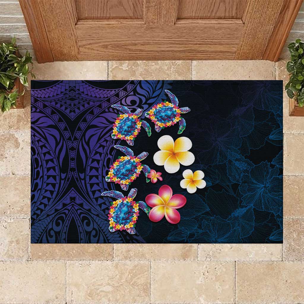 Hawaiian Turtles and Plumeria Rubber Doormat Polynesian Art Tribal Tattoo Dark Aqua Color LT03 Blue - Polynesian Pride