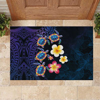 Hawaiian Turtles and Plumeria Rubber Doormat Polynesian Art Tribal Tattoo Dark Aqua Color LT03 Blue - Polynesian Pride