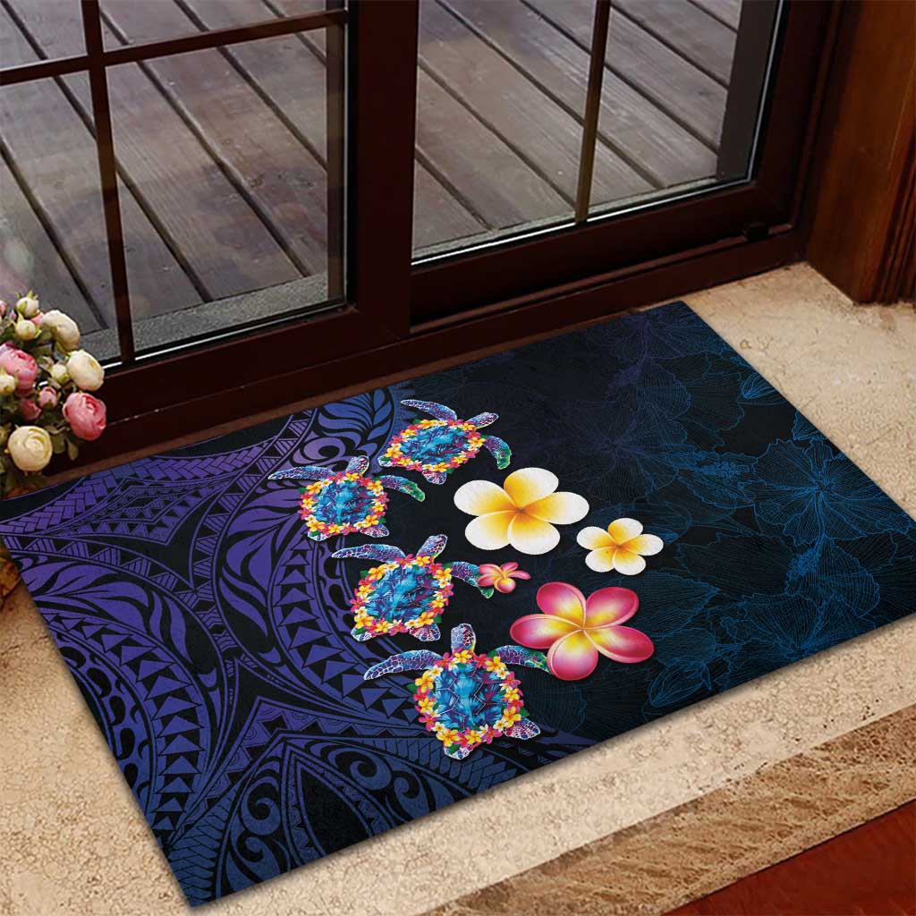 Hawaiian Turtles and Plumeria Rubber Doormat Polynesian Art Tribal Tattoo Dark Aqua Color LT03 - Polynesian Pride