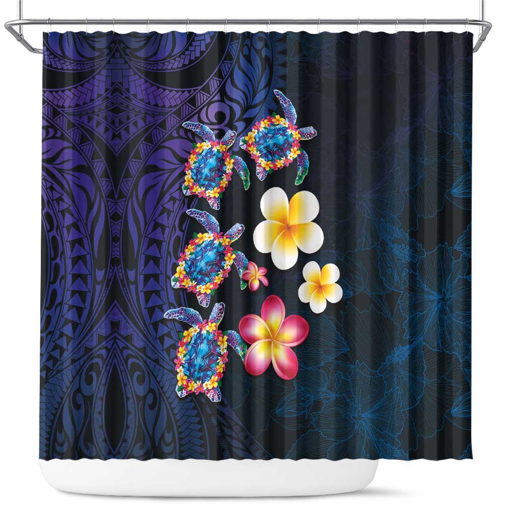Hawaiian Turtles and Plumeria Shower Curtain Polynesian Art Tribal Tattoo Dark Aqua Color LT03 Blue - Polynesian Pride