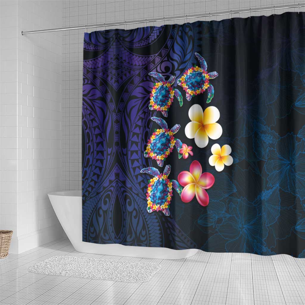 Hawaiian Turtles and Plumeria Shower Curtain Polynesian Art Tribal Tattoo Dark Aqua Color LT03 - Polynesian Pride