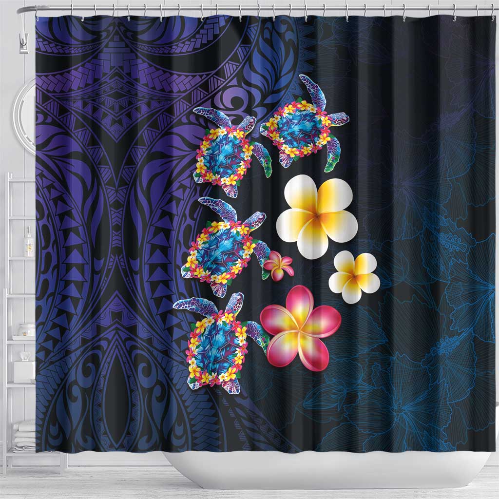 Hawaiian Turtles and Plumeria Shower Curtain Polynesian Art Tribal Tattoo Dark Aqua Color LT03 - Polynesian Pride