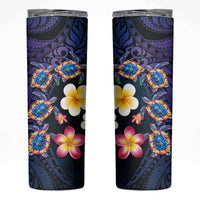 Hawaiian Turtles and Plumeria Skinny Tumbler Polynesian Art Tribal Tattoo Dark Aqua Color LT03 Blue - Polynesian Pride