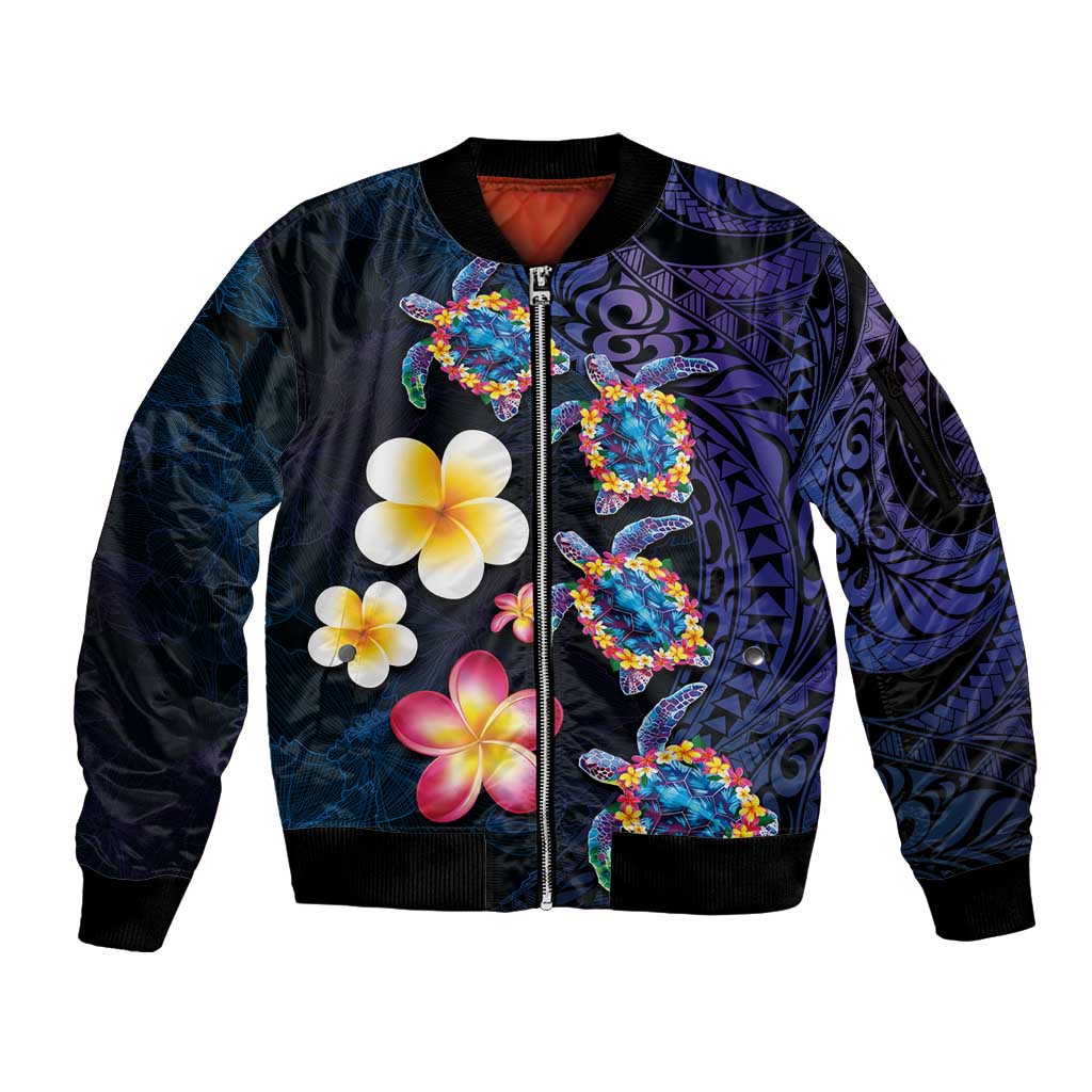 Hawaiian Turtles and Plumeria Sleeve Zip Bomber Jacket Polynesian Art Tribal Tattoo Dark Aqua Color LT03 Unisex Blue - Polynesian Pride