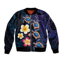 Hawaiian Turtles and Plumeria Sleeve Zip Bomber Jacket Polynesian Art Tribal Tattoo Dark Aqua Color LT03 Unisex Blue - Polynesian Pride