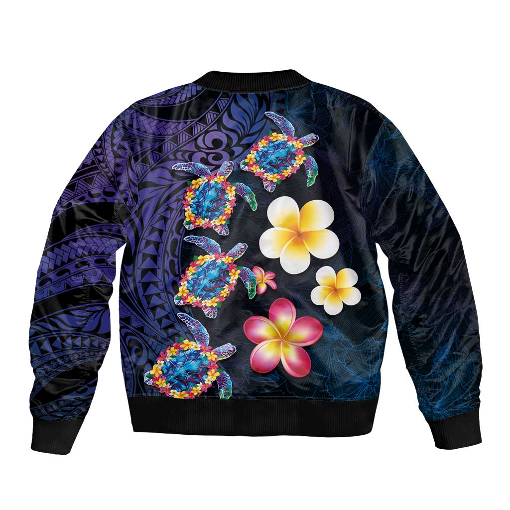 Hawaiian Turtles and Plumeria Sleeve Zip Bomber Jacket Polynesian Art Tribal Tattoo Dark Aqua Color LT03 - Polynesian Pride