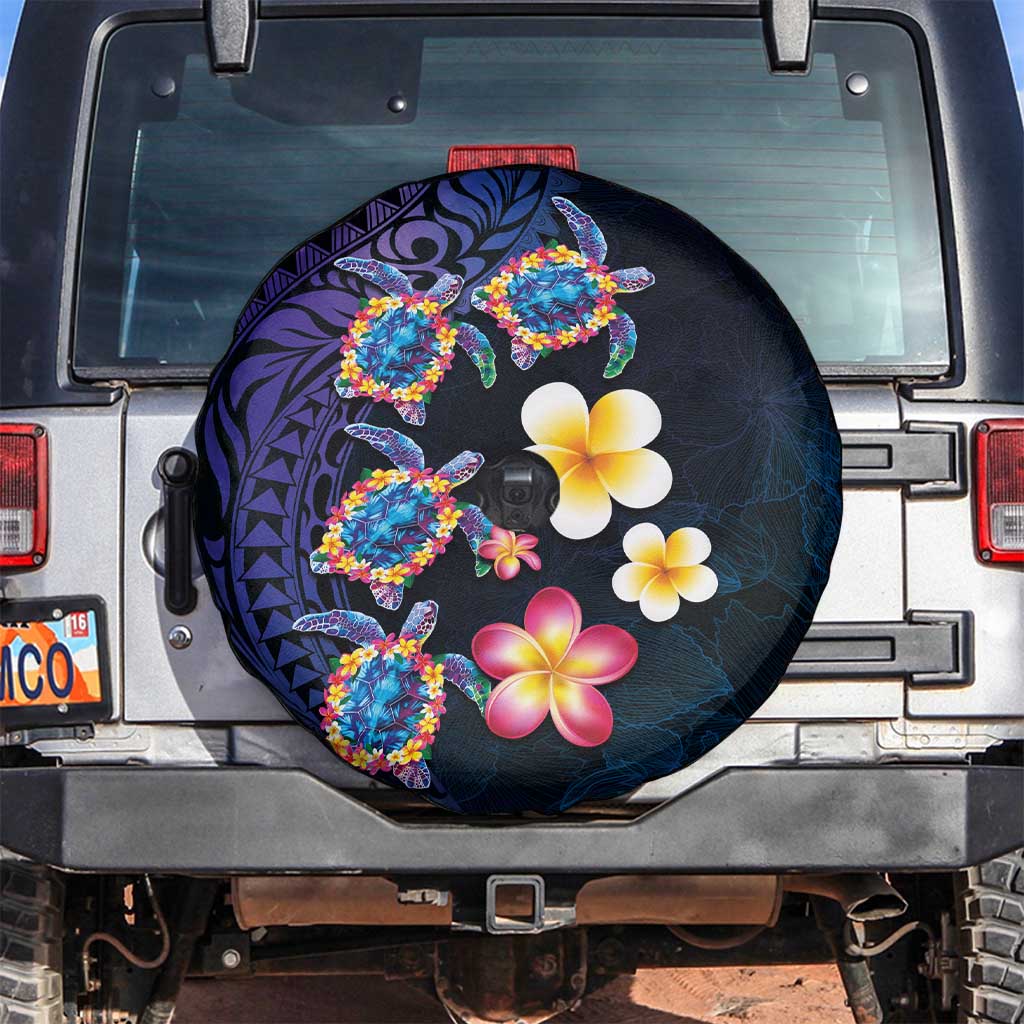 Hawaiian Turtles and Plumeria Spare Tire Cover Polynesian Art Tribal Tattoo Dark Aqua Color LT03 Blue - Polynesian Pride