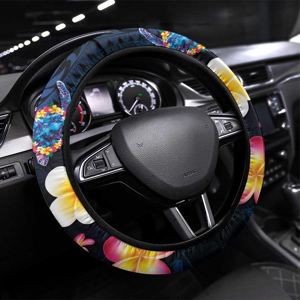Hawaiian Turtles and Plumeria Steering Wheel Cover Polynesian Art Tribal Tattoo Dark Aqua Color LT03 Universal Fit Blue - Polynesian Pride