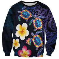 Hawaiian Turtles and Plumeria Sweatshirt Polynesian Art Tribal Tattoo Dark Aqua Color LT03 Unisex Blue - Polynesian Pride