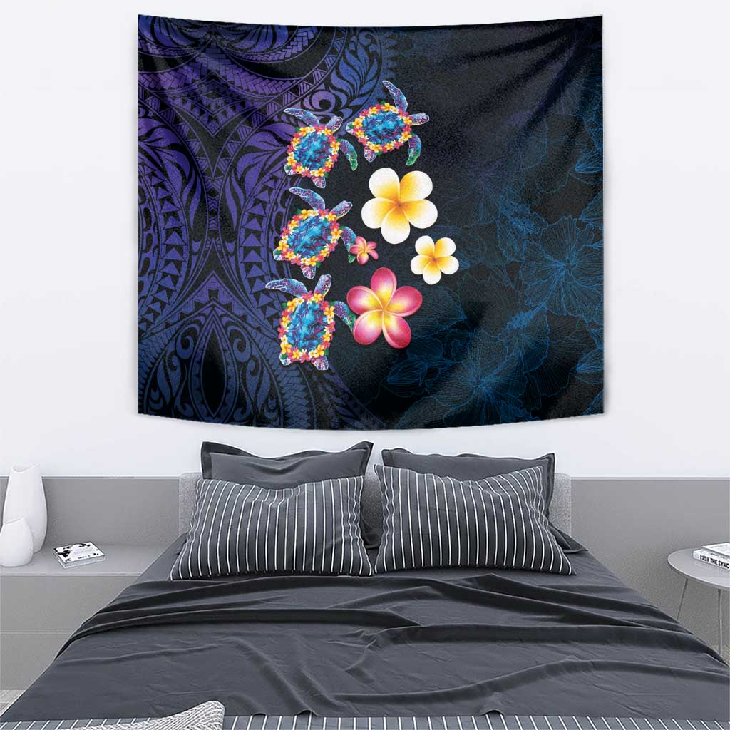 Hawaiian Turtles and Plumeria Tapestry Polynesian Art Tribal Tattoo Dark Aqua Color LT03 - Polynesian Pride