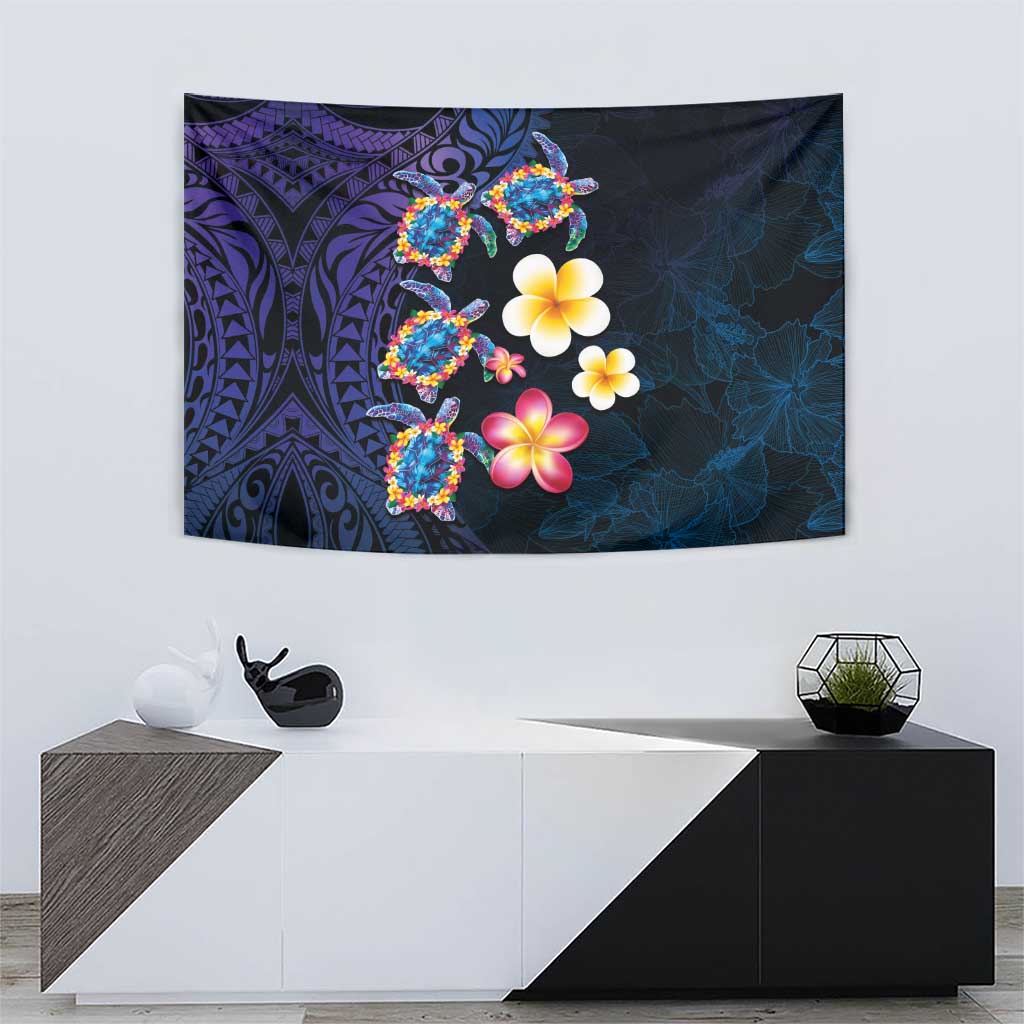 Hawaiian Turtles and Plumeria Tapestry Polynesian Art Tribal Tattoo Dark Aqua Color LT03 - Polynesian Pride