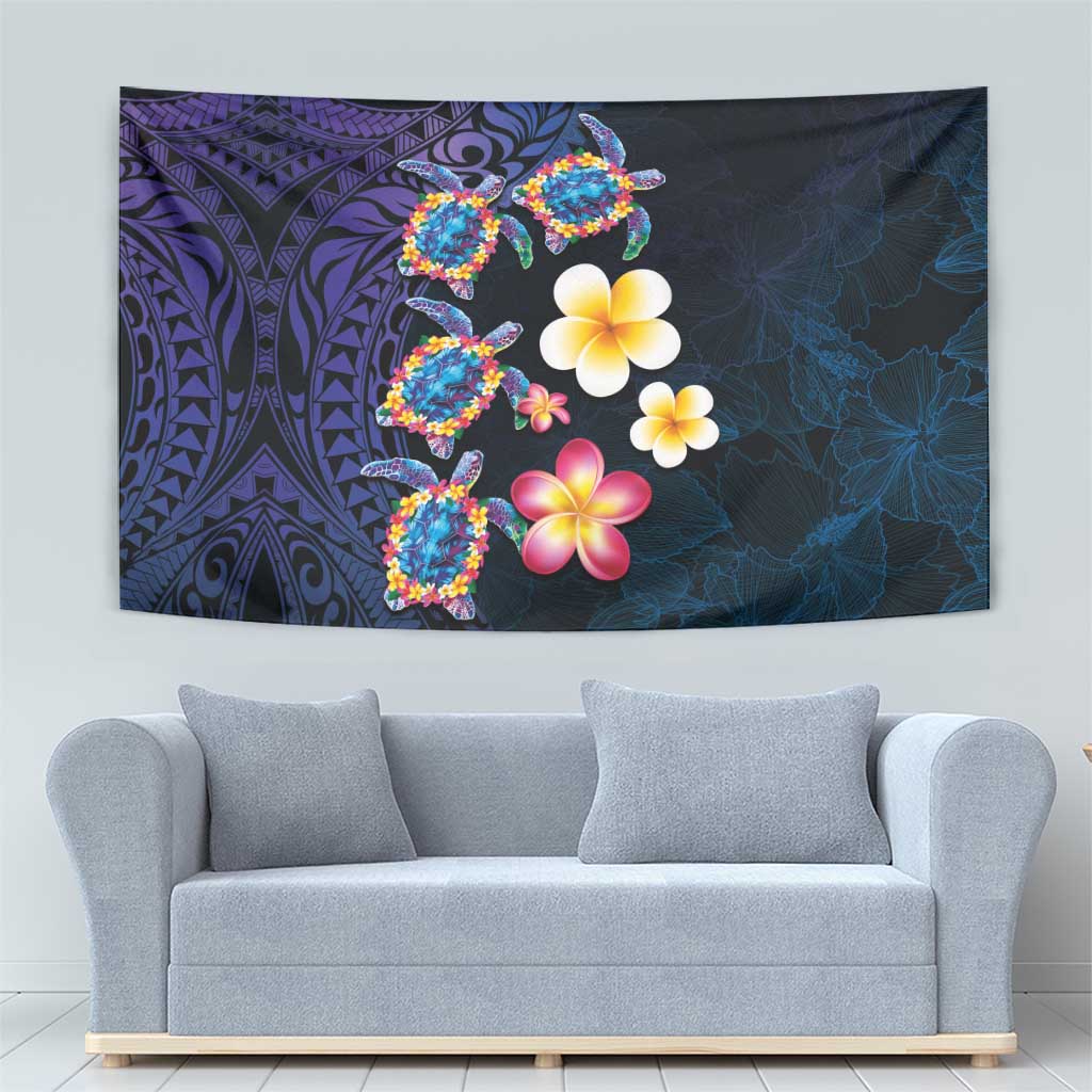 Hawaiian Turtles and Plumeria Tapestry Polynesian Art Tribal Tattoo Dark Aqua Color LT03 - Polynesian Pride