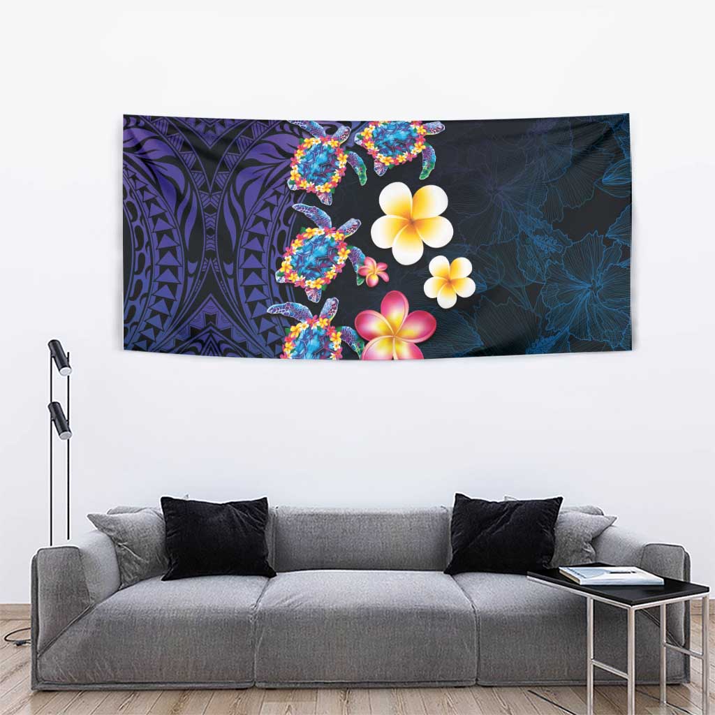 Hawaiian Turtles and Plumeria Tapestry Polynesian Art Tribal Tattoo Dark Aqua Color LT03 - Polynesian Pride