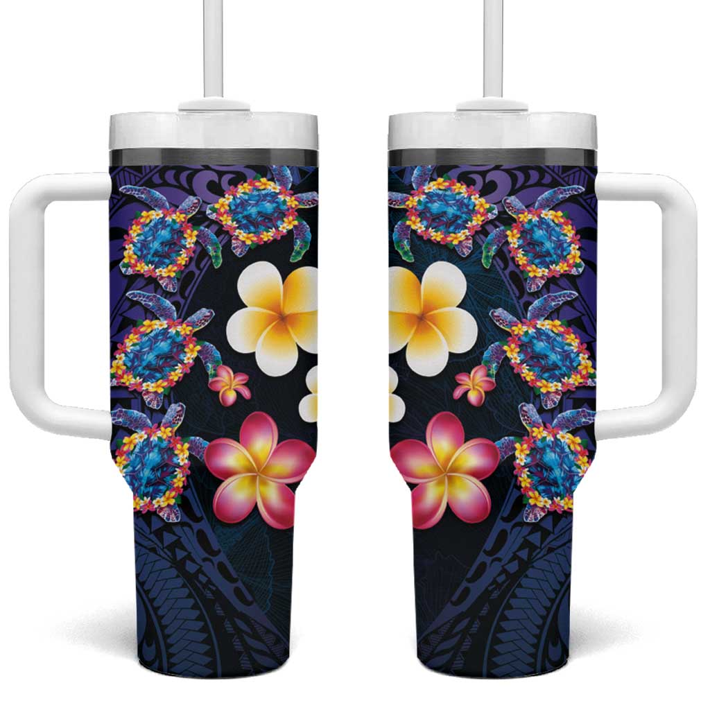 Hawaiian Turtles and Plumeria Tumbler With Handle Polynesian Art Tribal Tattoo Dark Aqua Color LT03 One Size: 40 oz Blue - Polynesian Pride