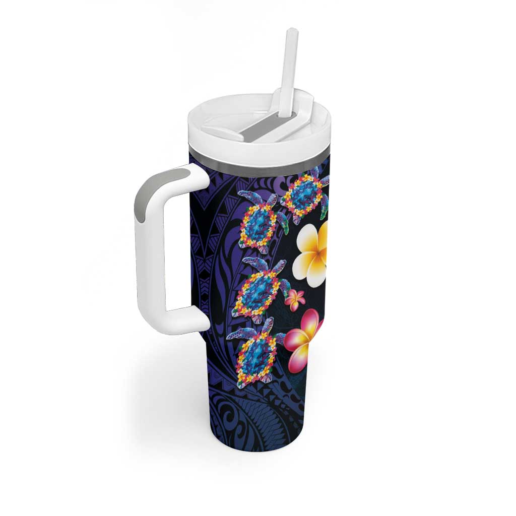 Hawaiian Turtles and Plumeria Tumbler With Handle Polynesian Art Tribal Tattoo Dark Aqua Color LT03 - Polynesian Pride