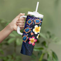 Hawaiian Turtles and Plumeria Tumbler With Handle Polynesian Art Tribal Tattoo Dark Aqua Color LT03 - Polynesian Pride