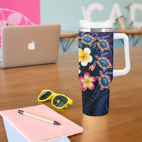Hawaiian Turtles and Plumeria Tumbler With Handle Polynesian Art Tribal Tattoo Dark Aqua Color LT03 - Polynesian Pride