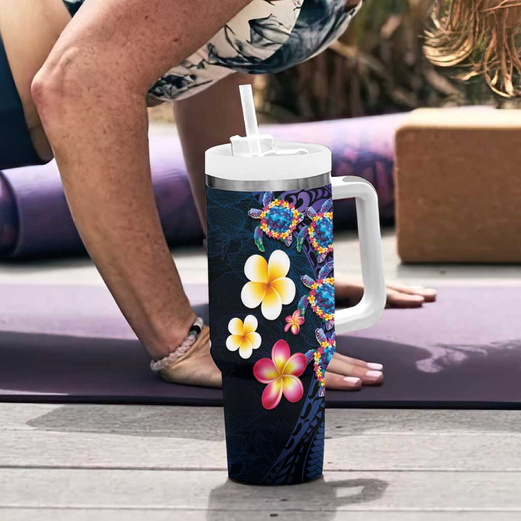 Hawaiian Turtles and Plumeria Tumbler With Handle Polynesian Art Tribal Tattoo Dark Aqua Color LT03 - Polynesian Pride