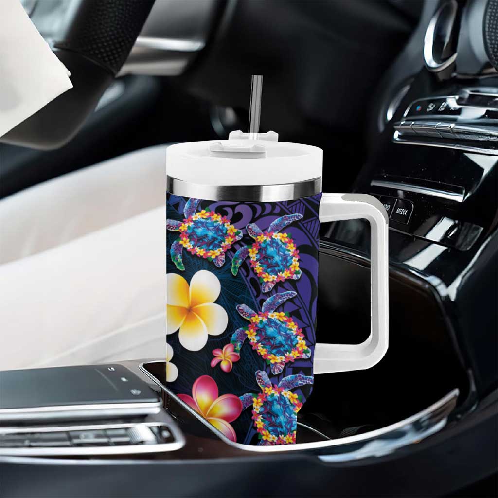 Hawaiian Turtles and Plumeria Tumbler With Handle Polynesian Art Tribal Tattoo Dark Aqua Color LT03 - Polynesian Pride