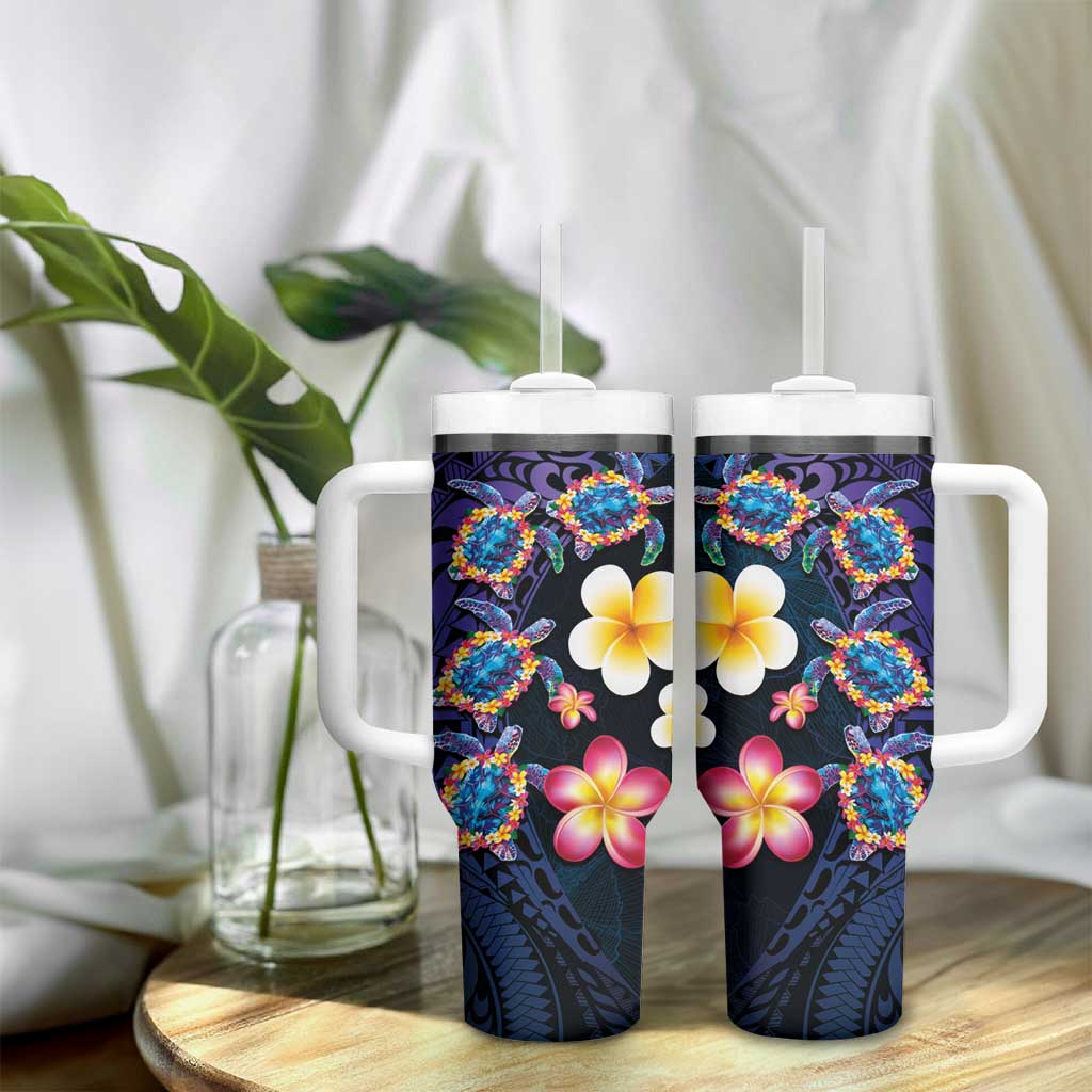 Hawaiian Turtles and Plumeria Tumbler With Handle Polynesian Art Tribal Tattoo Dark Aqua Color LT03 - Polynesian Pride