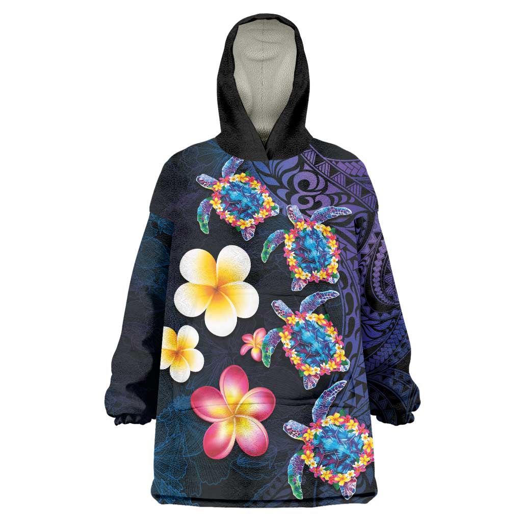 Hawaiian Turtles and Plumeria Wearable Blanket Hoodie Polynesian Art Tribal Tattoo Dark Aqua Color LT03 One Size Blue - Polynesian Pride