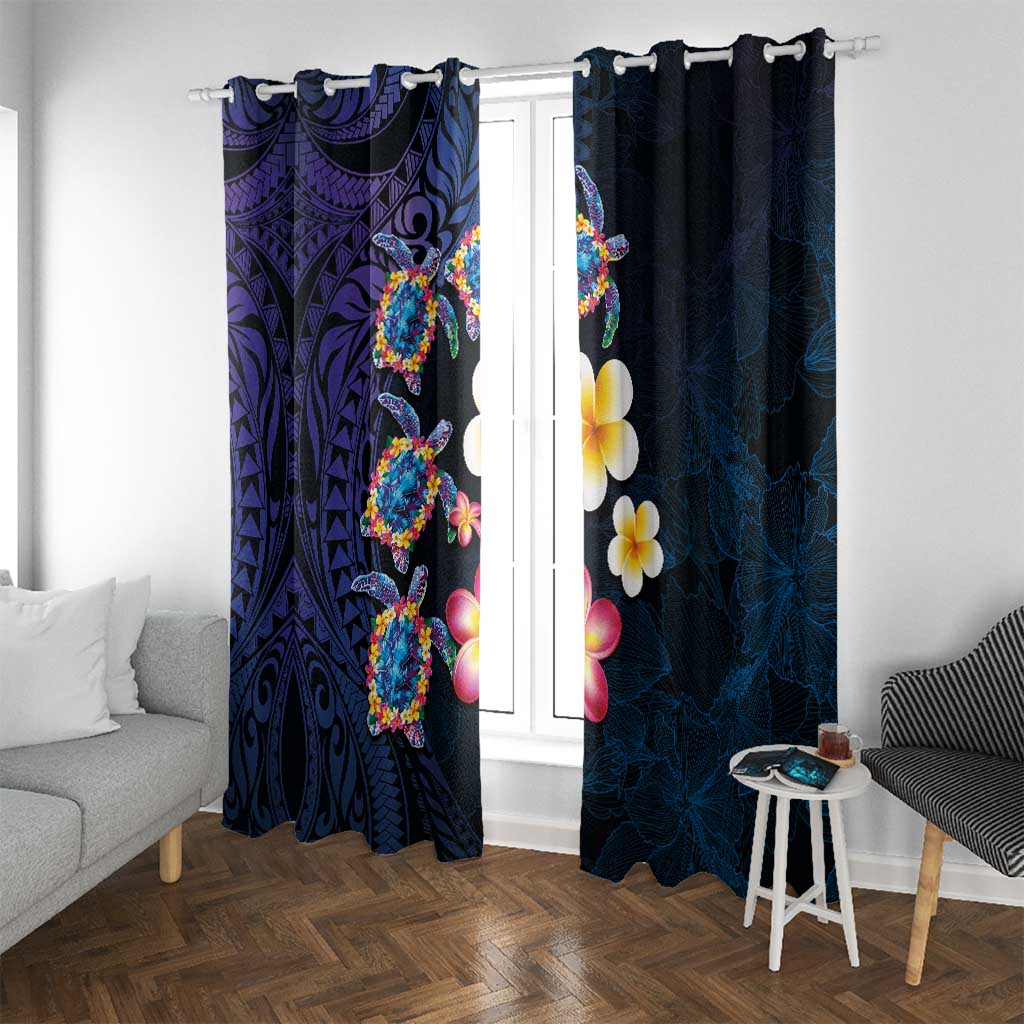 Hawaiian Turtles and Plumeria Window Curtain Polynesian Art Tribal Tattoo Dark Aqua Color LT03 With Grommets Blue - Polynesian Pride