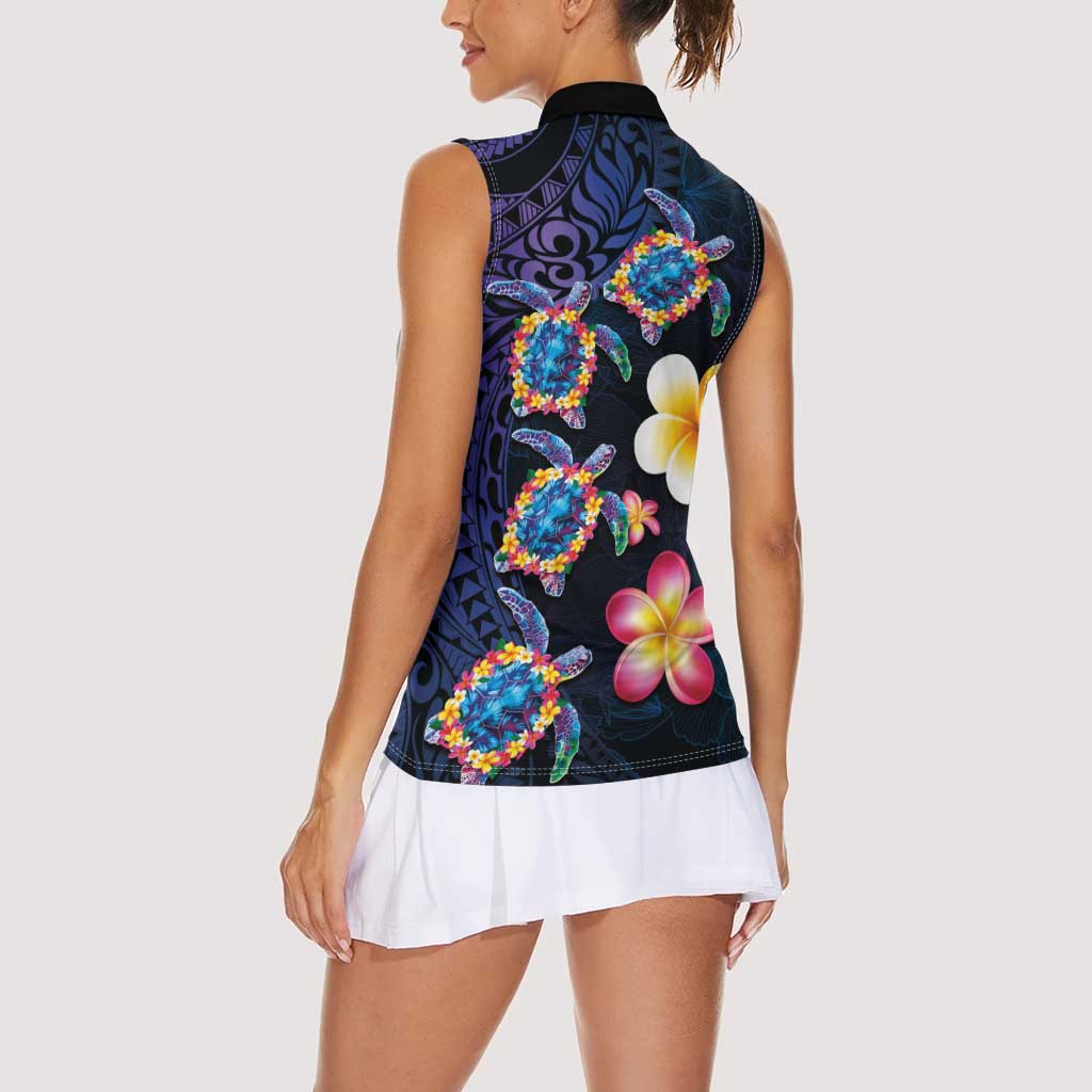Hawaiian Turtles and Plumeria Women Sleeveless Polo Shirt Polynesian Art Tribal Tattoo Dark Aqua Color LT03 - Polynesian Pride