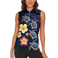 Hawaiian Turtles and Plumeria Women Sleeveless Polo Shirt Polynesian Art Tribal Tattoo Dark Aqua Color LT03 - Polynesian Pride