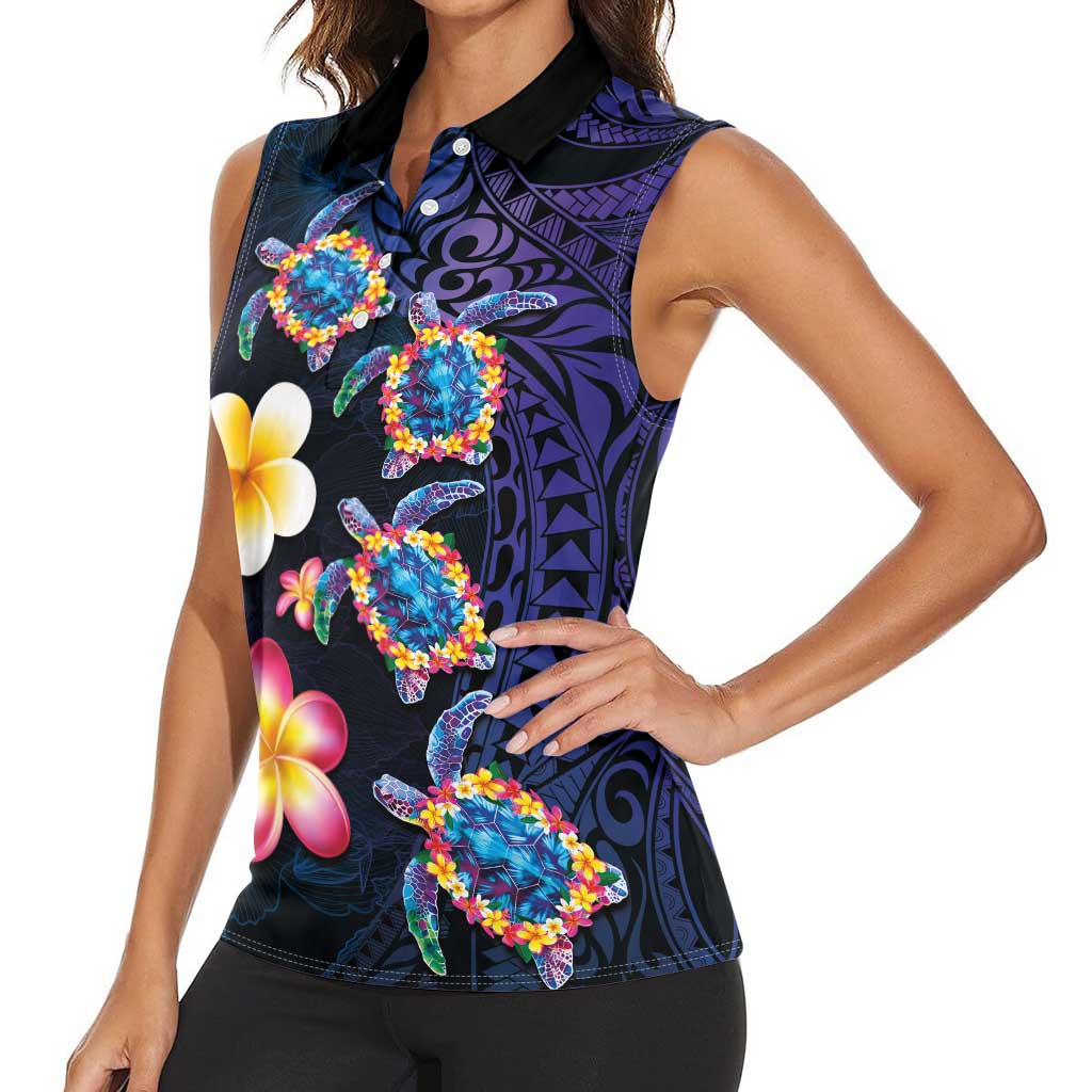 Hawaiian Turtles and Plumeria Women Sleeveless Polo Shirt Polynesian Art Tribal Tattoo Dark Aqua Color LT03 - Polynesian Pride