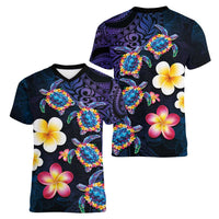 Hawaiian Turtles and Plumeria Women V-Neck T-Shirt Polynesian Art Tribal Tattoo Dark Aqua Color LT03 - Polynesian Pride