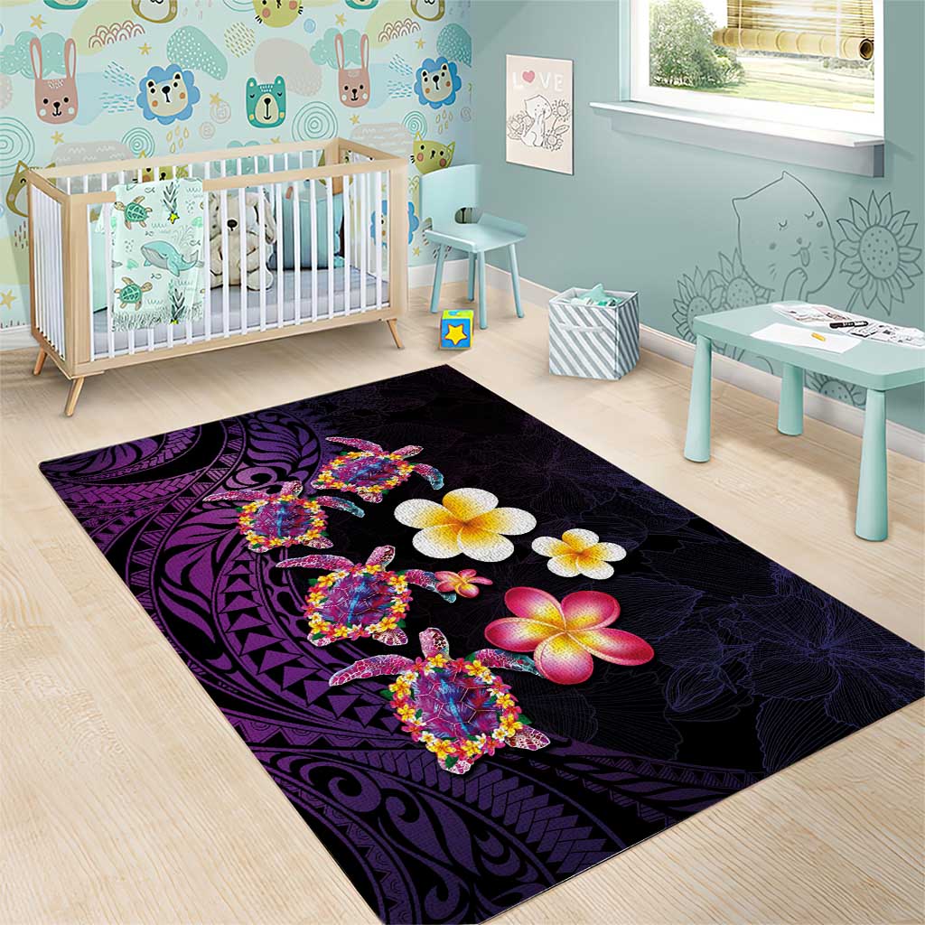 Hawaiian Turtles and Plumeria Area Rug Polynesian Art Tribal Tattoo Deep Violet Color LT03 - Polynesian Pride