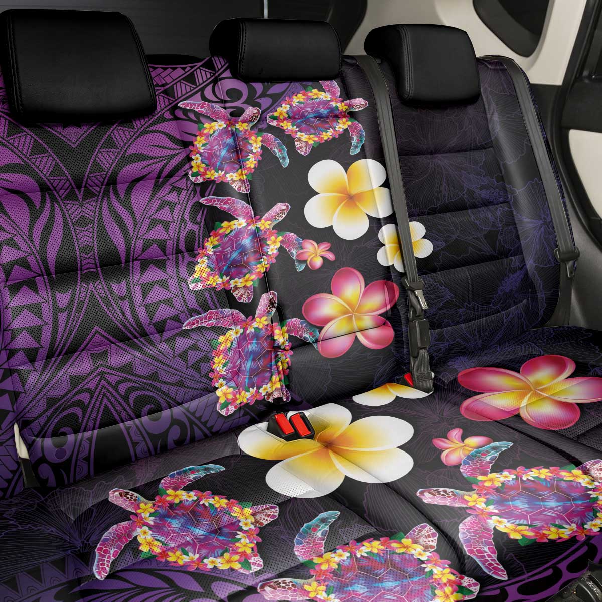 Hawaiian Turtles and Plumeria Back Car Seat Cover Polynesian Art Tribal Tattoo Deep Violet Color LT03 - Polynesian Pride