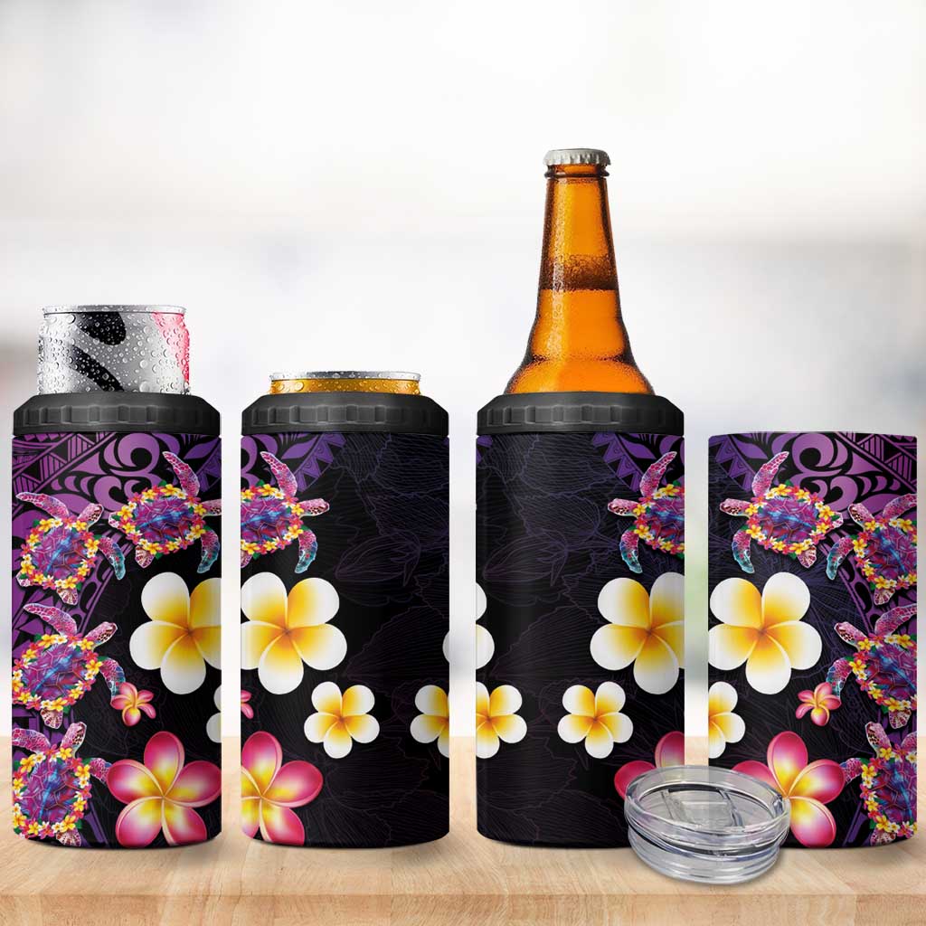 Hawaiian Turtles and Plumeria 4 in 1 Can Cooler Tumbler Polynesian Art Tribal Tattoo Deep Violet Color LT03 - Polynesian Pride