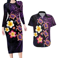 Hawaiian Turtles and Plumeria Couples Matching Long Sleeve Bodycon Dress and Hawaiian Shirt Polynesian Art Tribal Tattoo Deep Violet Color LT03 Purple - Polynesian Pride