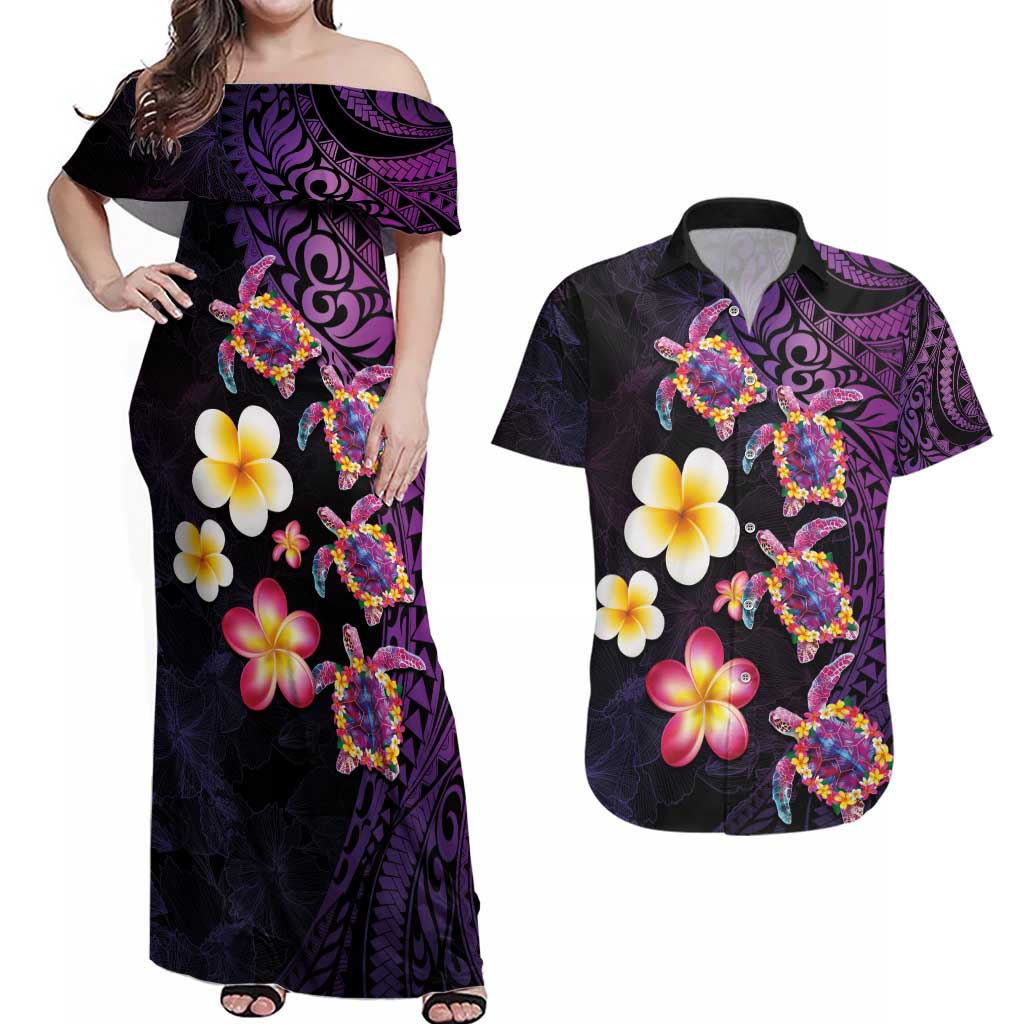 Hawaiian Turtles and Plumeria Couples Matching Off Shoulder Maxi Dress and Hawaiian Shirt Polynesian Art Tribal Tattoo Deep Violet Color LT03 Purple - Polynesian Pride