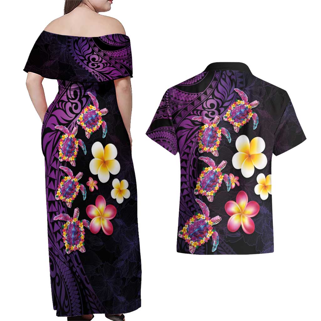 Hawaiian Turtles and Plumeria Couples Matching Off Shoulder Maxi Dress and Hawaiian Shirt Polynesian Art Tribal Tattoo Deep Violet Color LT03 - Polynesian Pride