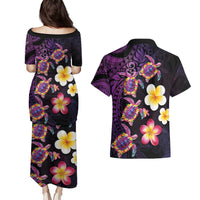Hawaiian Turtles and Plumeria Couples Matching Puletasi and Hawaiian Shirt Polynesian Art Tribal Tattoo Deep Violet Color LT03 - Polynesian Pride