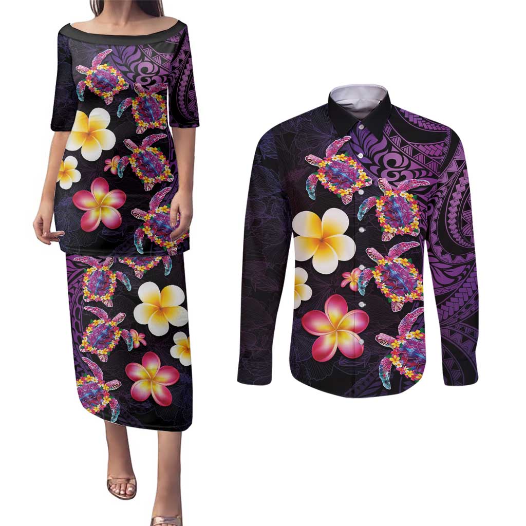 Hawaiian Turtles and Plumeria Couples Matching Puletasi and Long Sleeve Button Shirt Polynesian Art Tribal Tattoo Deep Violet Color LT03 Purple - Polynesian Pride