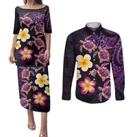 Hawaiian Turtles and Plumeria Couples Matching Puletasi and Long Sleeve Button Shirt Polynesian Art Tribal Tattoo Deep Violet Color LT03 Purple - Polynesian Pride