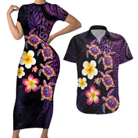 Hawaiian Turtles and Plumeria Couples Matching Short Sleeve Bodycon Dress and Hawaiian Shirt Polynesian Art Tribal Tattoo Deep Violet Color LT03 Purple - Polynesian Pride