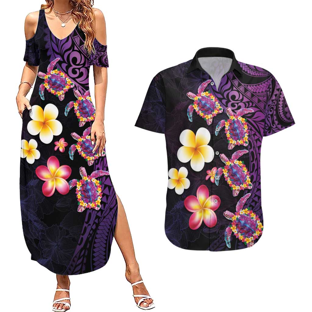 Hawaiian Turtles and Plumeria Couples Matching Summer Maxi Dress and Hawaiian Shirt Polynesian Art Tribal Tattoo Deep Violet Color
