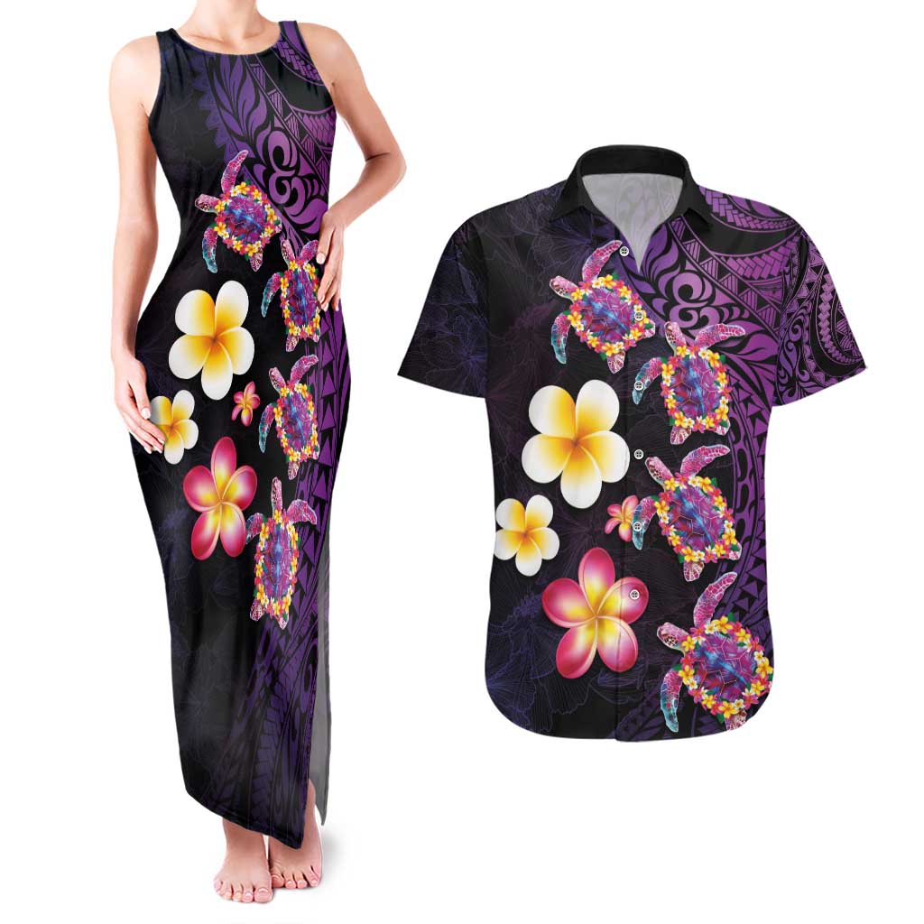 Hawaiian Turtles and Plumeria Couples Matching Tank Maxi Dress and Hawaiian Shirt Polynesian Art Tribal Tattoo Deep Violet Color