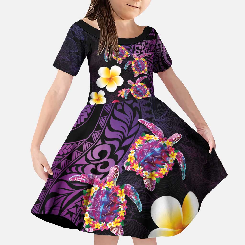 Hawaiian Turtles and Plumeria Family Matching Mermaid Dress and Hawaiian Shirt Polynesian Art Tribal Tattoo Deep Violet Color LT03 Daughter's Dress Purple - Polynesian Pride