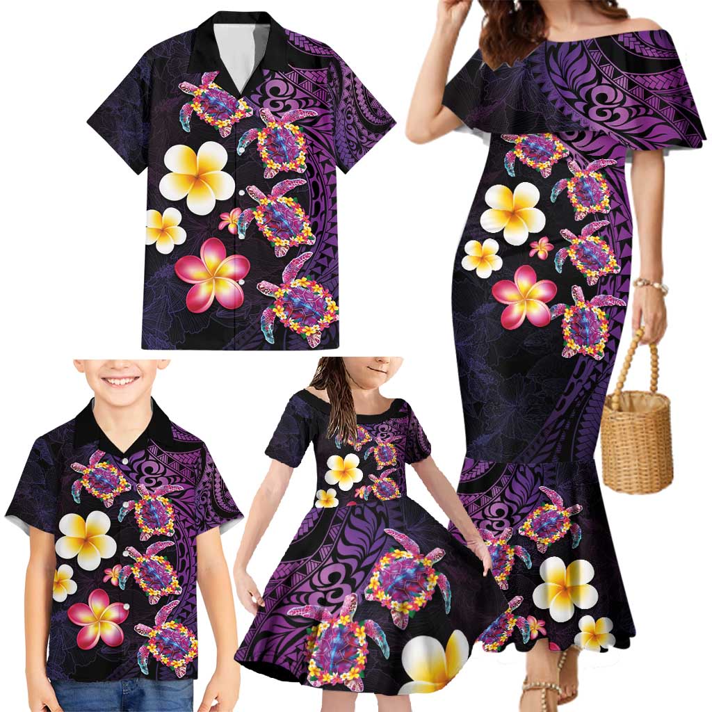 Hawaiian Turtles and Plumeria Family Matching Mermaid Dress and Hawaiian Shirt Polynesian Art Tribal Tattoo Deep Violet Color LT03 - Polynesian Pride