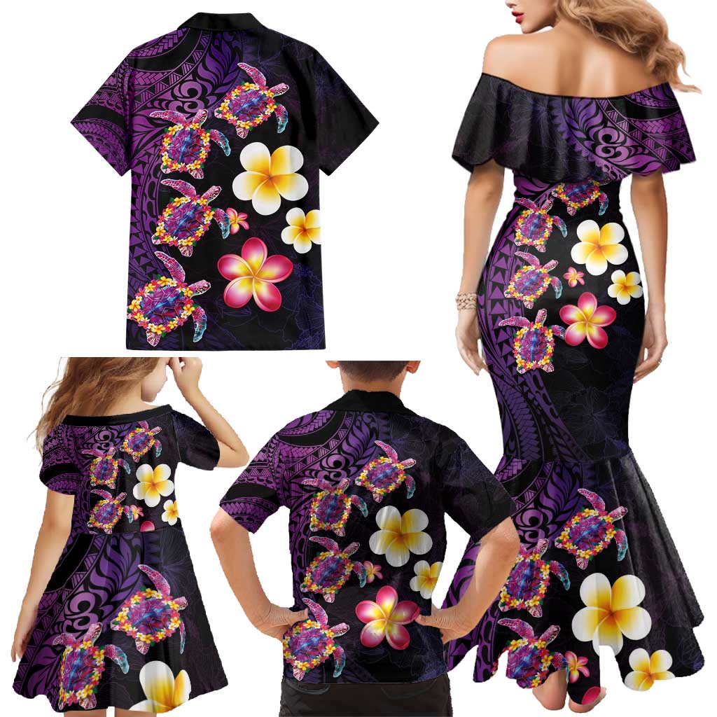 Hawaiian Turtles and Plumeria Family Matching Mermaid Dress and Hawaiian Shirt Polynesian Art Tribal Tattoo Deep Violet Color LT03 - Polynesian Pride