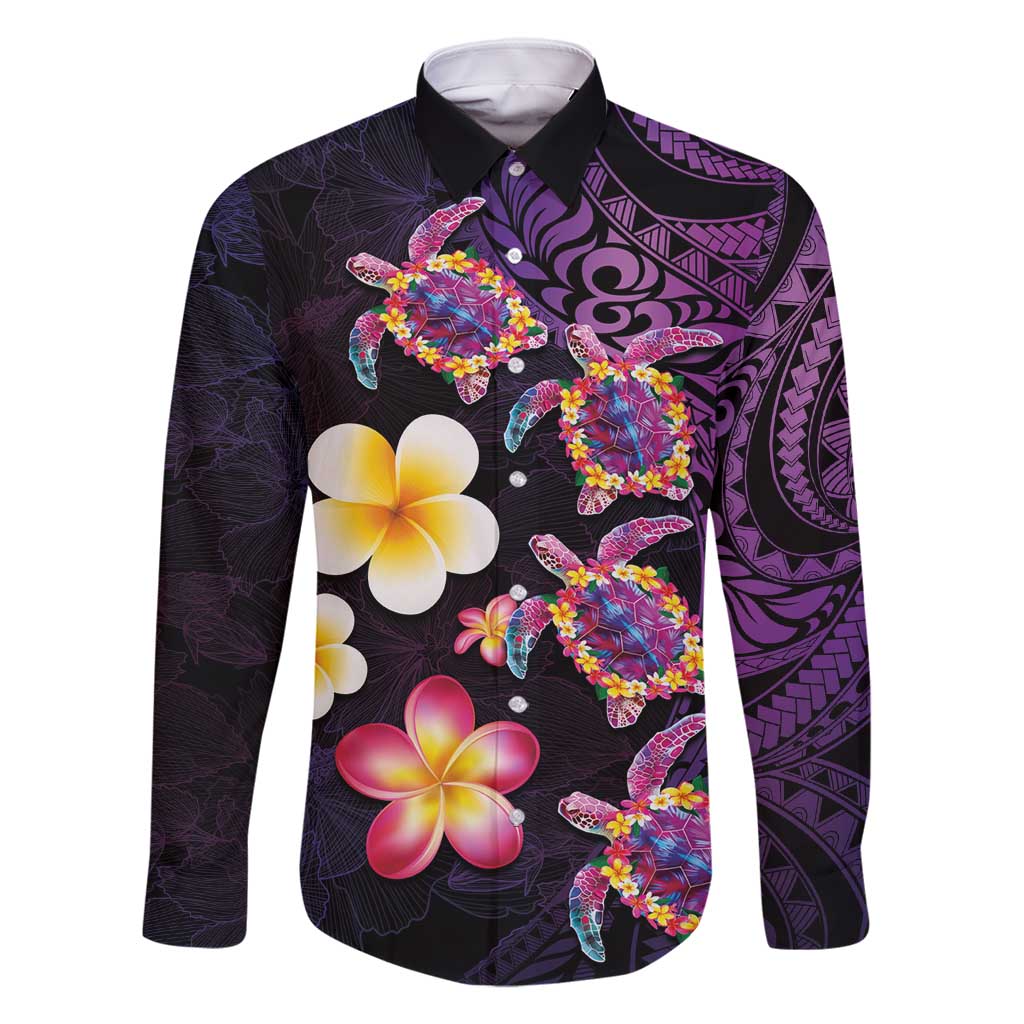 Hawaiian Turtles and Plumeria Family Matching Mermaid Dress and Hawaiian Shirt Polynesian Art Tribal Tattoo Deep Violet Color LT03 Dad's Shirt - Long Sleeve Purple - Polynesian Pride